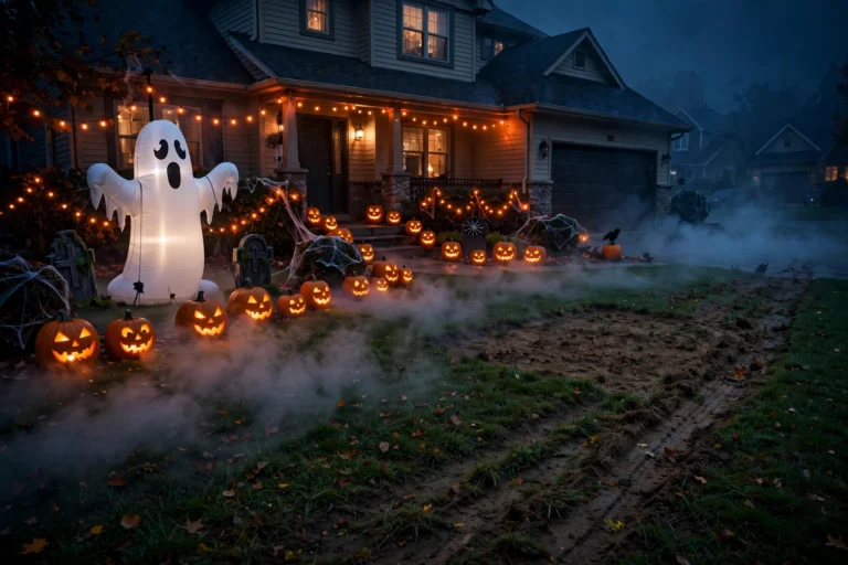 A suburban front garden at night lit by orange Halloween lights, with a giant inflatable ghost and fog rolling across the lawn.