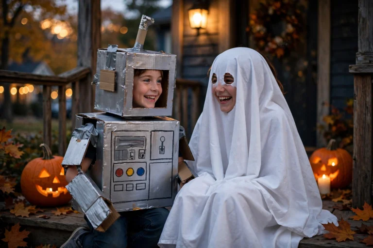 A cheerful backyard Halloween party at dusk with children in handmade cardboard robot and ghost sheet costumes around a pumpkin-decorated table.