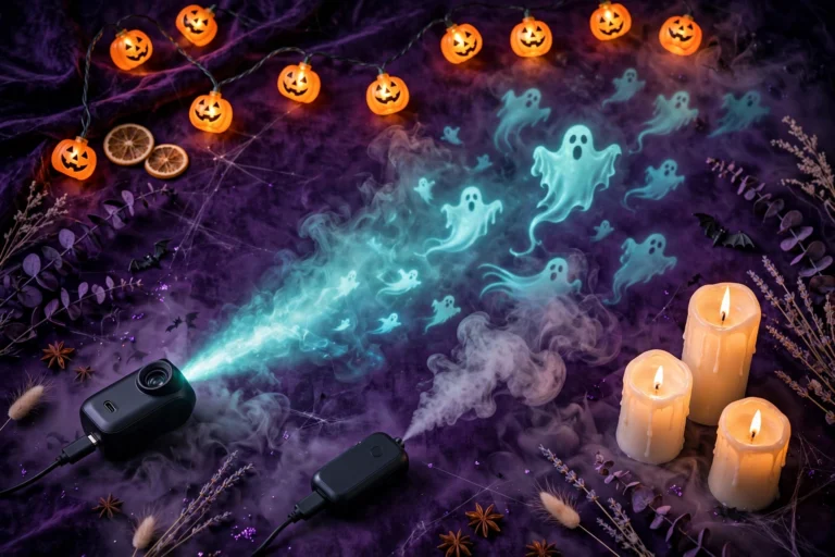 Halloween gadgets flat lay: ghost projector light, pumpkin string lights, mini fog machine and floating LED candles on dark purple background