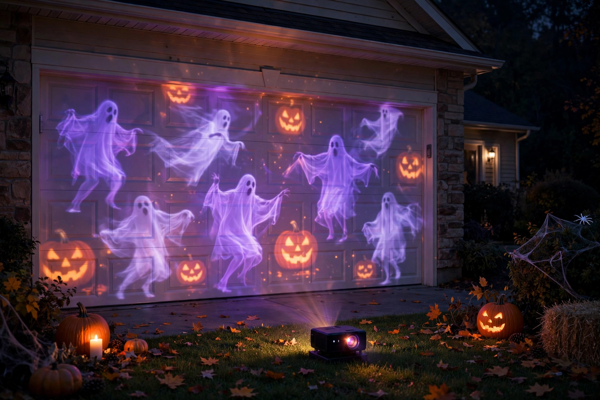 House garage door at night with dancing ghost and pumpkin light projections from a Halloween projector light