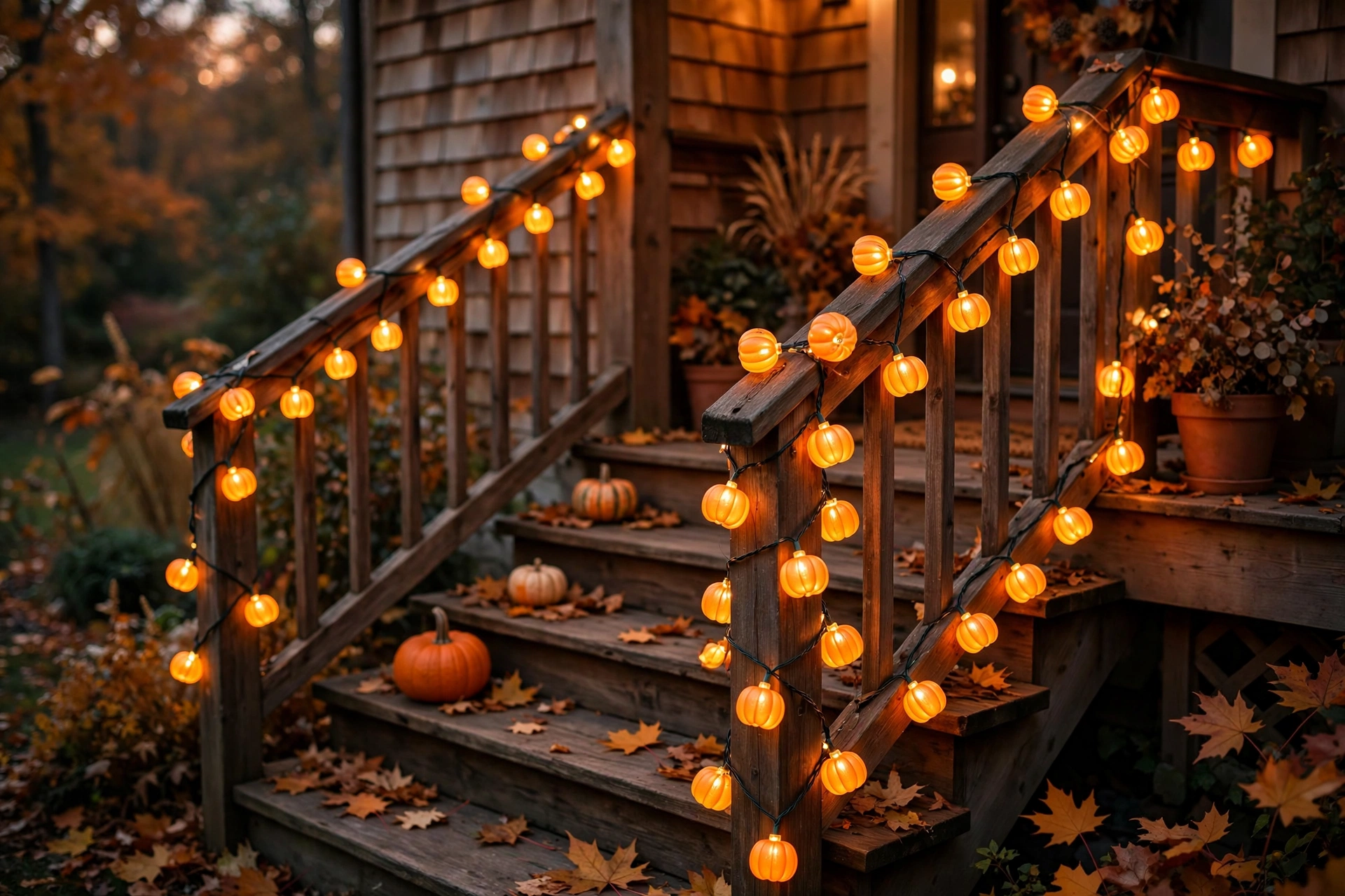 Porch staircase railing wrapped in glowing pumpkin-shaped Halloween string lights