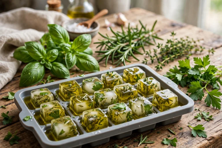 Fresh herbs with olive oil ice cube tray hack, kitchen tips