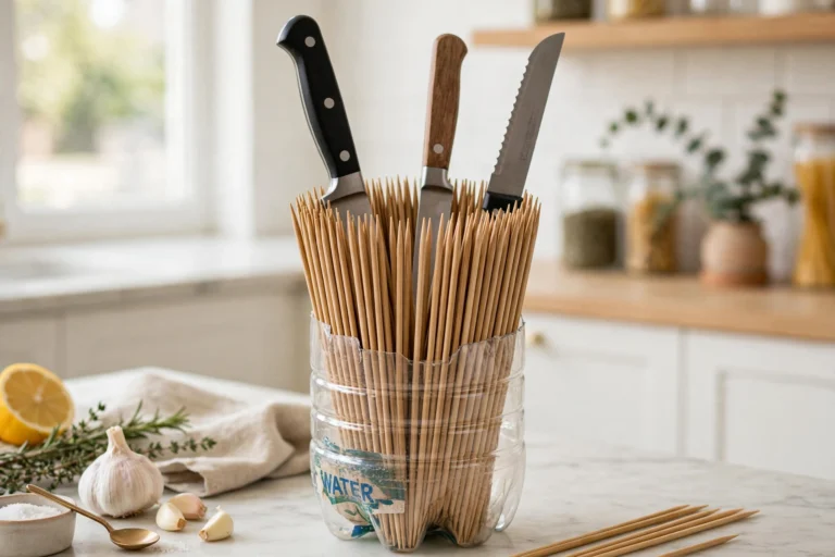 DIY knife holder made from plastic bottle with bamboo skewers and kitchen knives