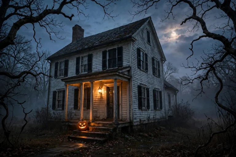 Spooky 1940s colonial house at dusk with jack-o-lantern, haunted house Halloween story