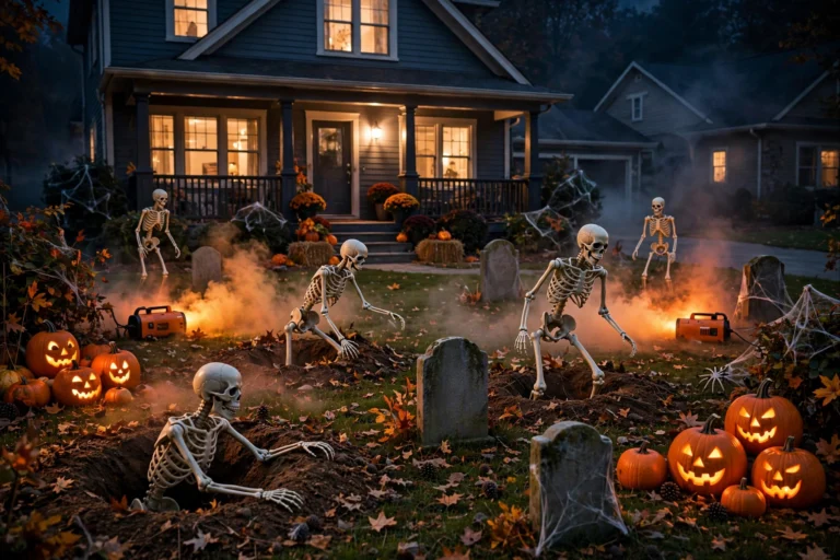 Halloween skeleton graveyard decorations in suburban front yard at night, HOA fine story