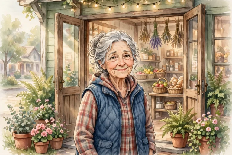 Warm illustration of an elderly woman in a blue Walmart greeter vest
