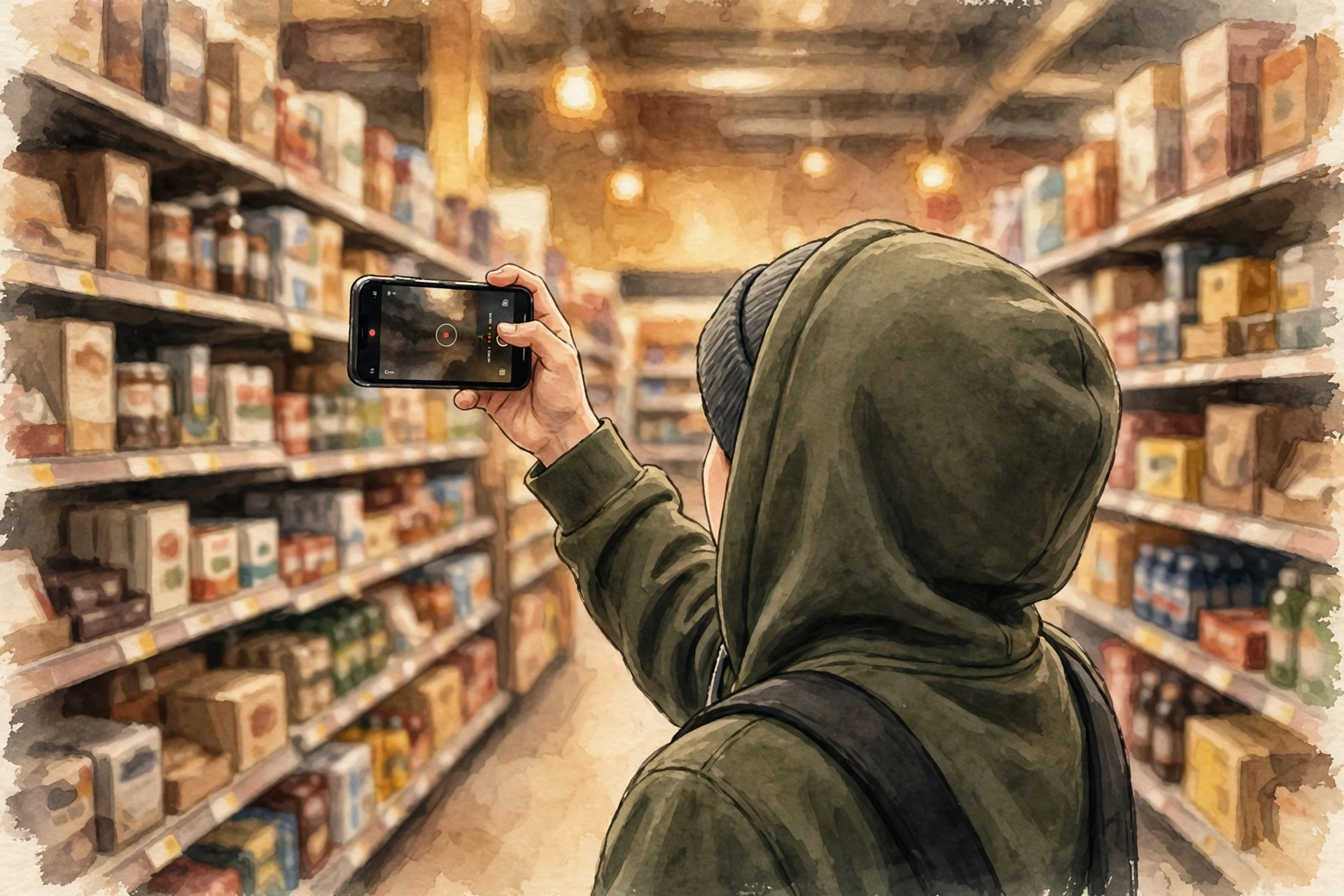 Illustration of a teenager recording video on a phone inside a retail store