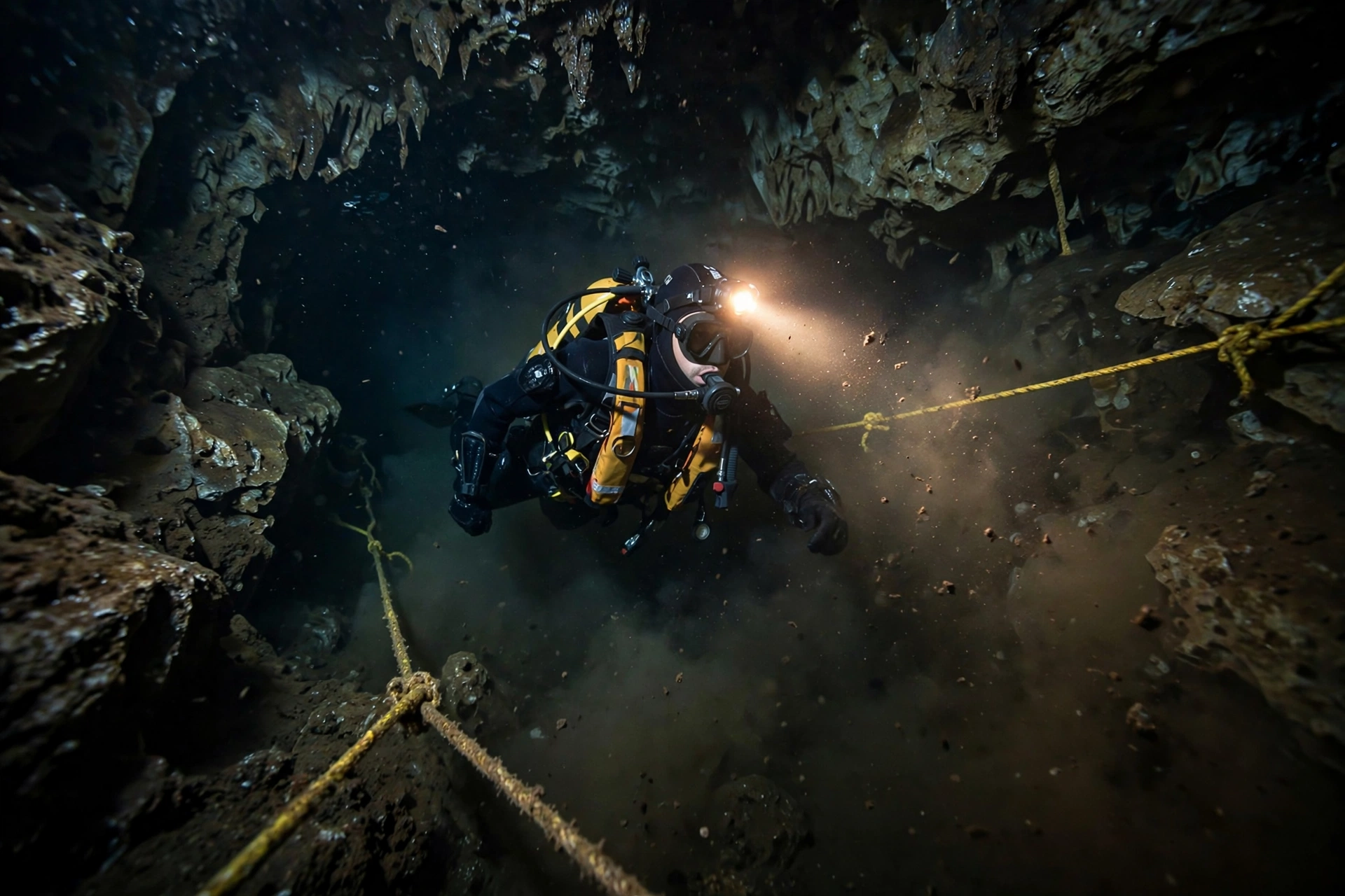 Rescue diver with headlamp swimming through a flooded cave passage in the Tham Luang rescue operation