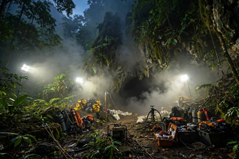 Misty Thai jungle cave entrance with rescue floodlights during the 2018 Tham Luang cave rescue
