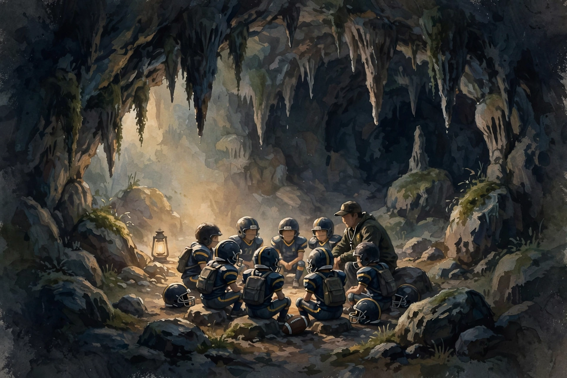 Illustration of the trapped Wild Boars football team sitting with their coach inside the dark cave